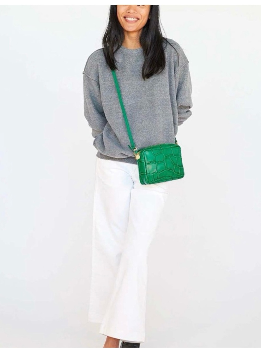 Clare V Green Croc-Embossed Leather Crossbody Bag